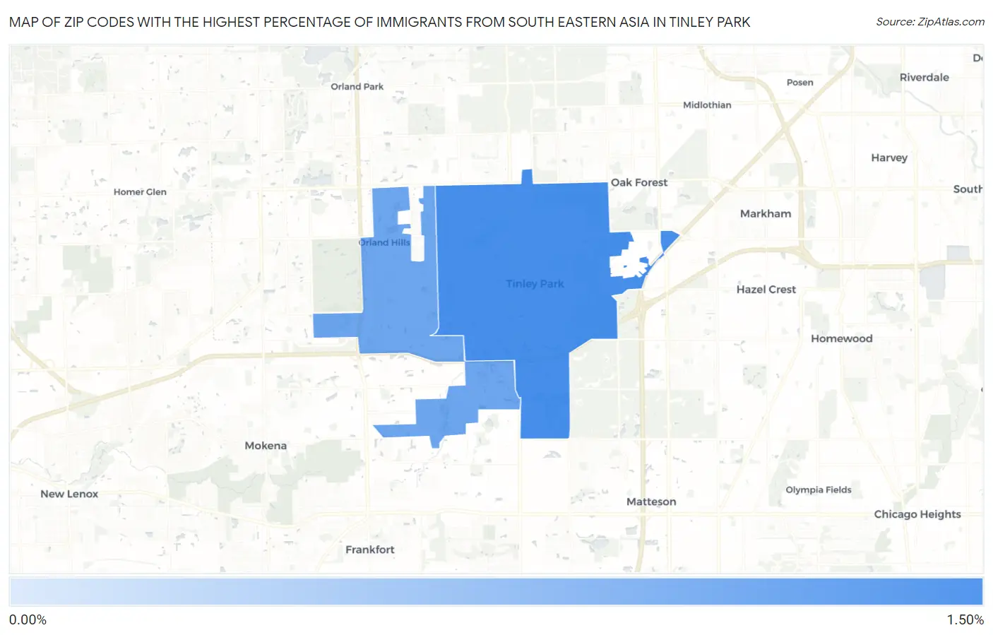 Zip Codes with the Highest Percentage of Immigrants from South Eastern Asia in Tinley Park Map
