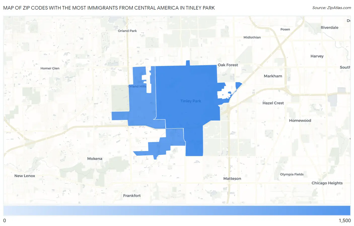 Zip Codes with the Most Immigrants from Central America in Tinley Park Map