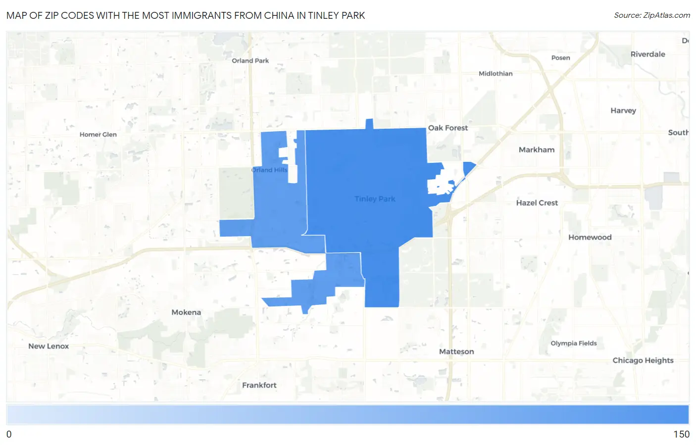 Zip Codes with the Most Immigrants from China in Tinley Park Map