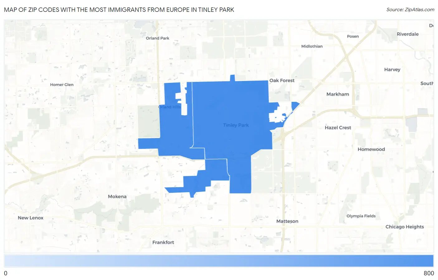 Zip Codes with the Most Immigrants from Europe in Tinley Park Map