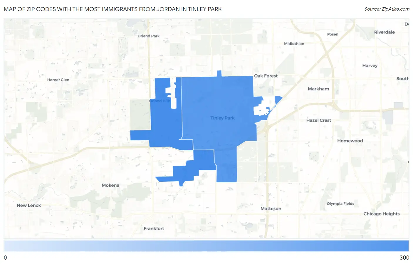 Zip Codes with the Most Immigrants from Jordan in Tinley Park Map