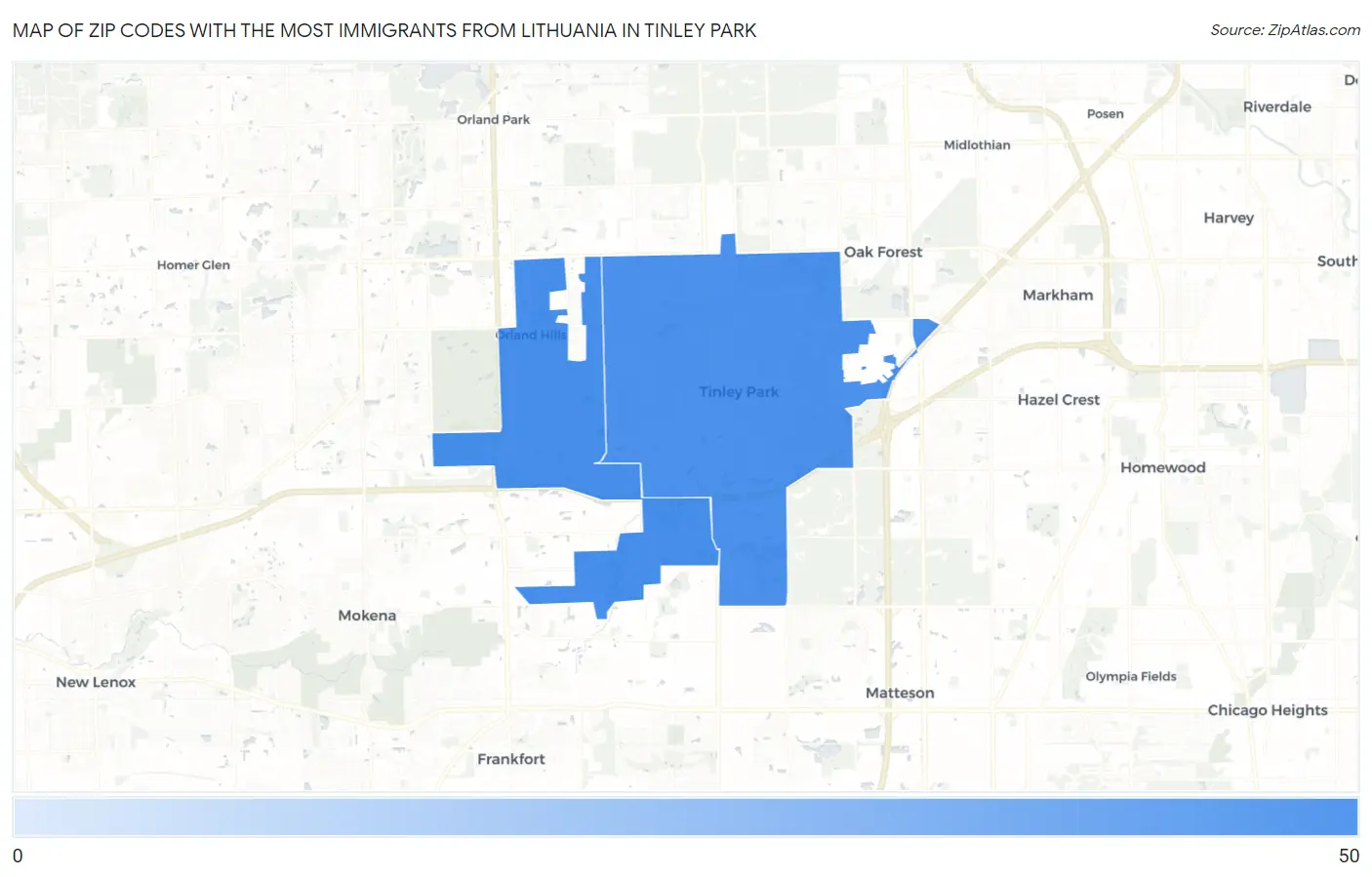 Zip Codes with the Most Immigrants from Lithuania in Tinley Park Map
