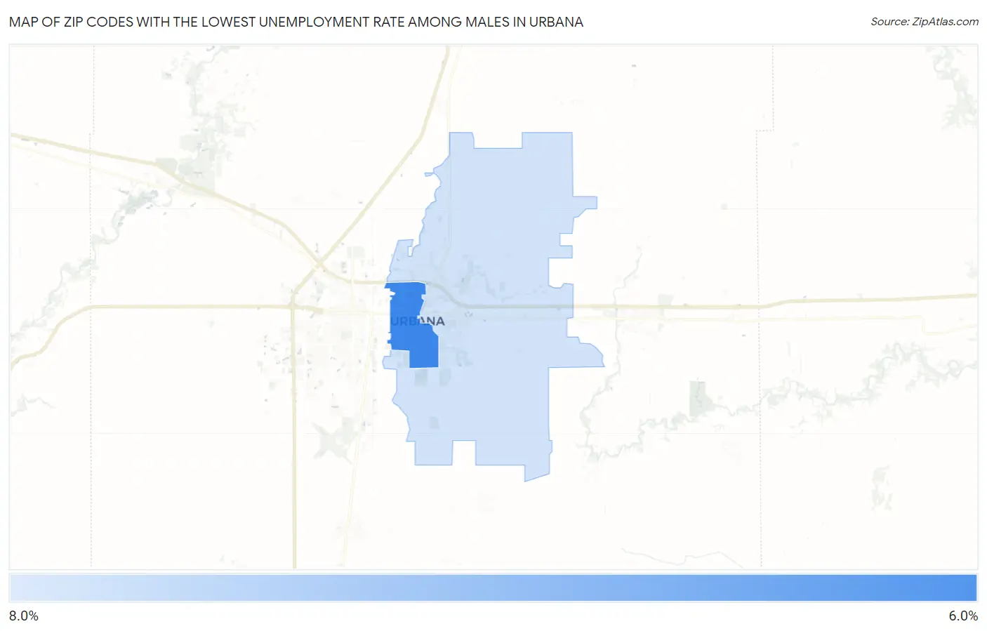 Zip Codes with the Lowest Unemployment Rate Among Males in Urbana Map