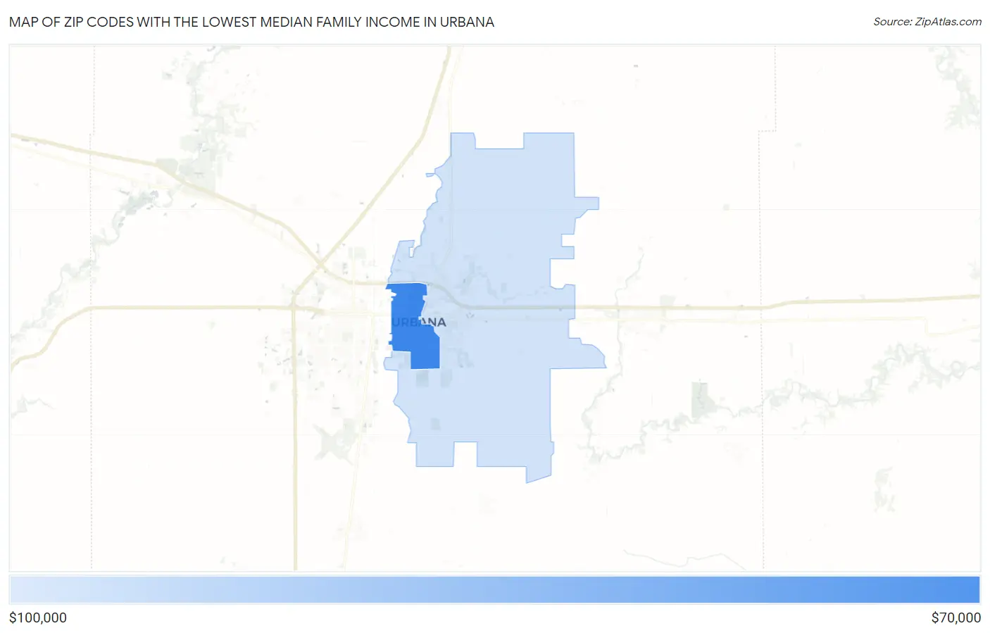 Zip Codes with the Lowest Median Family Income in Urbana Map