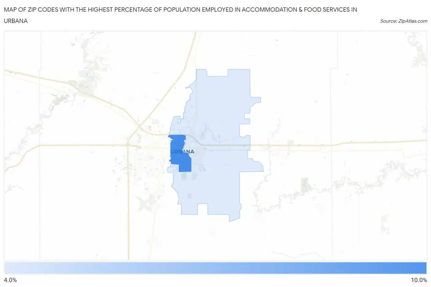Zip Codes with the Highest Percentage of Population Employed in Accommodation & Food Services in Urbana Map