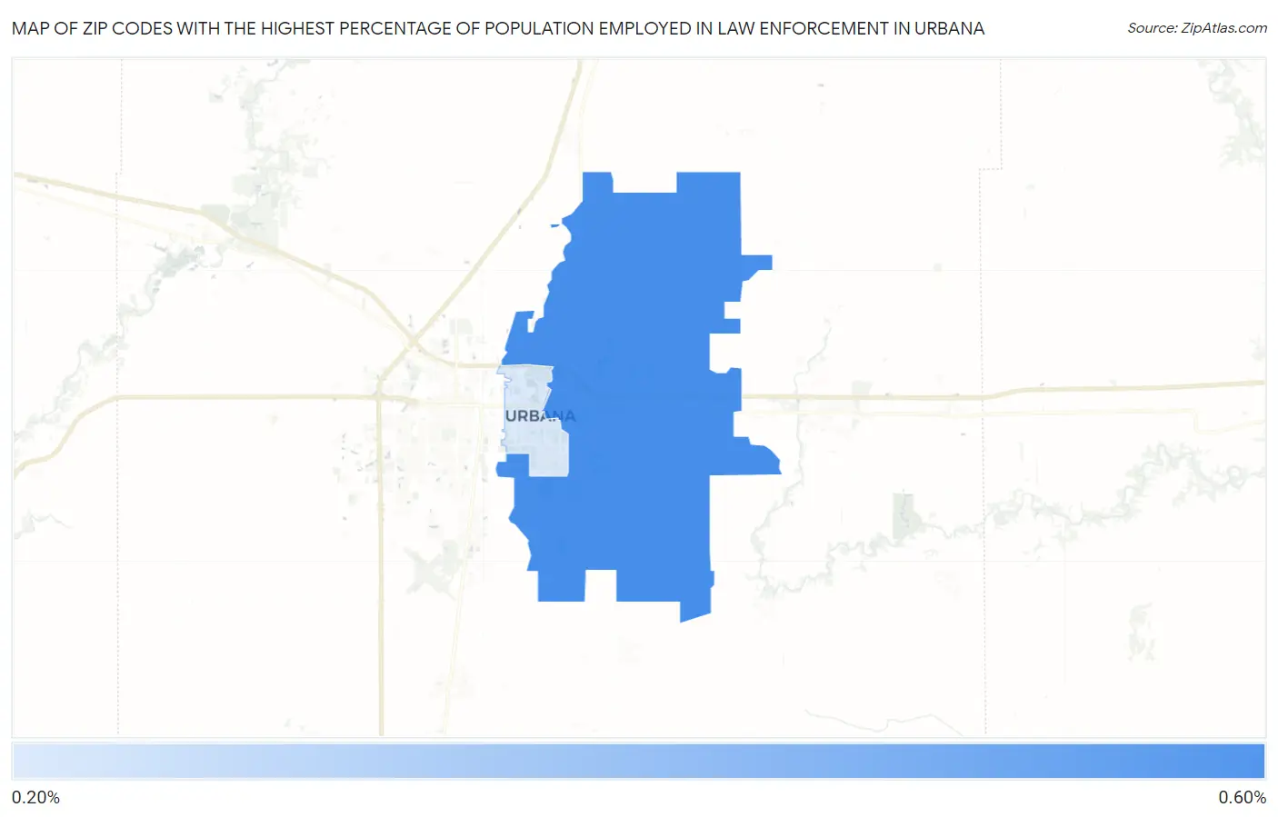 Zip Codes with the Highest Percentage of Population Employed in Law Enforcement in Urbana Map