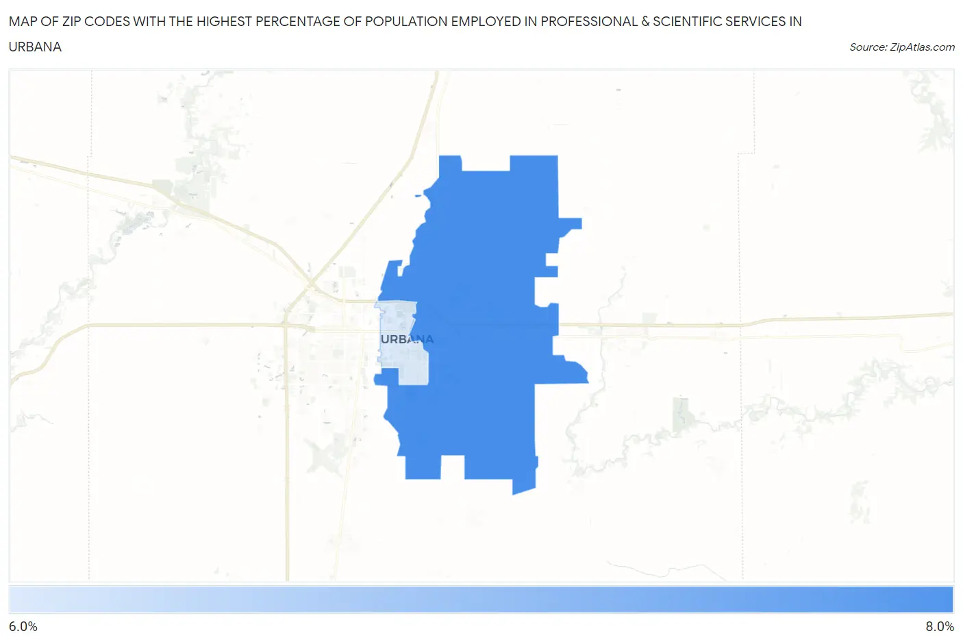 Zip Codes with the Highest Percentage of Population Employed in Professional & Scientific Services in Urbana Map