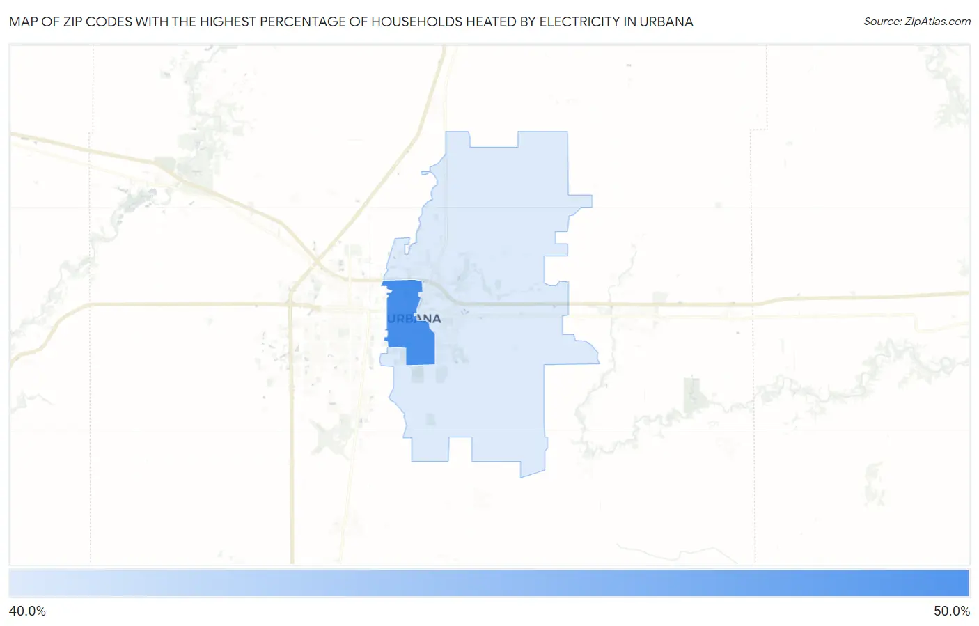 Zip Codes with the Highest Percentage of Households Heated by Electricity in Urbana Map