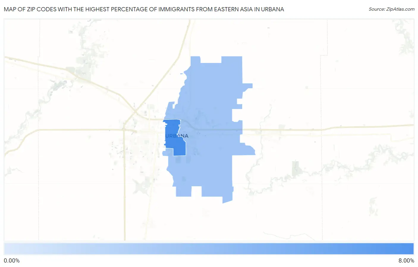 Zip Codes with the Highest Percentage of Immigrants from Eastern Asia in Urbana Map