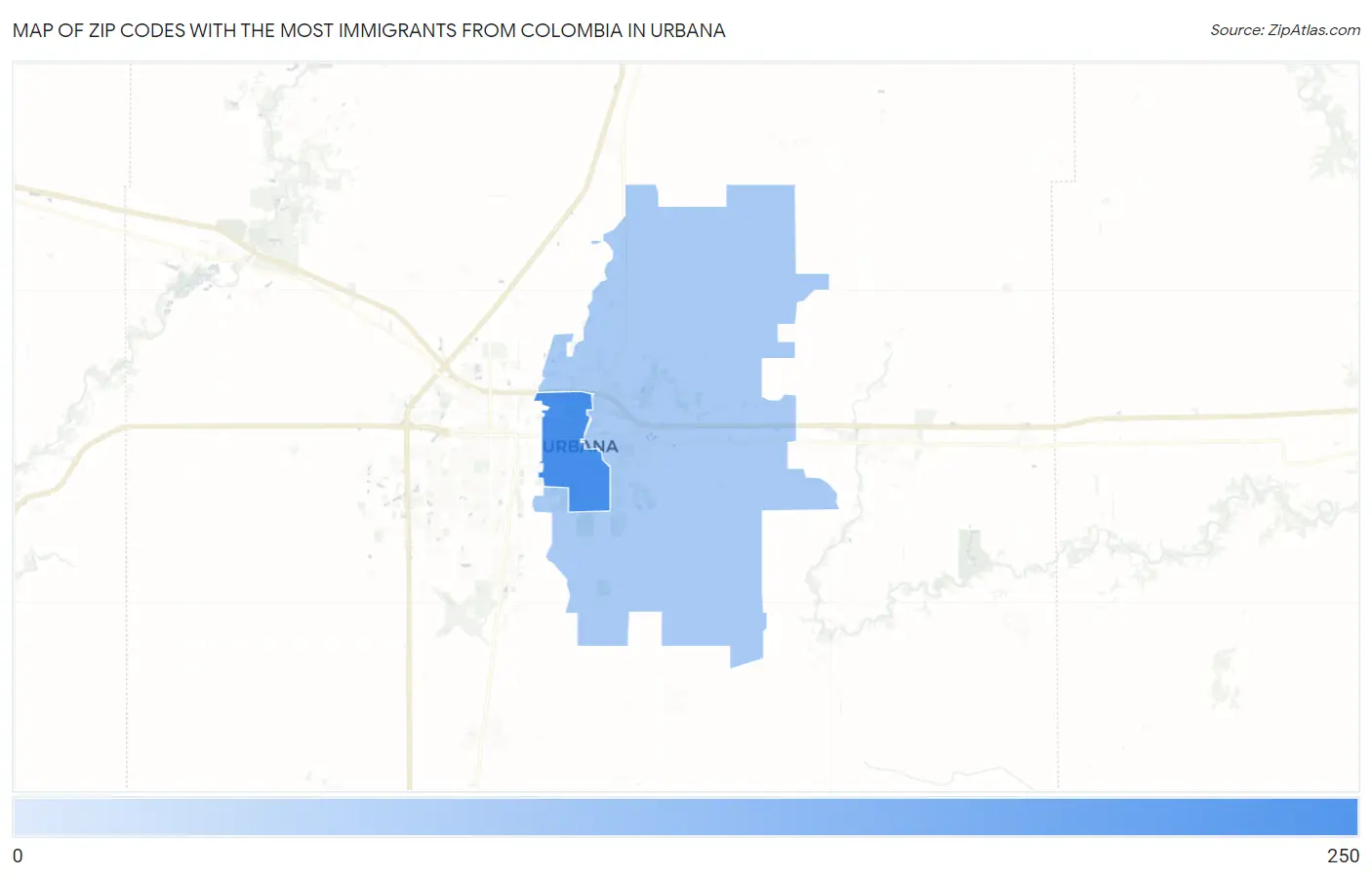 Zip Codes with the Most Immigrants from Colombia in Urbana Map