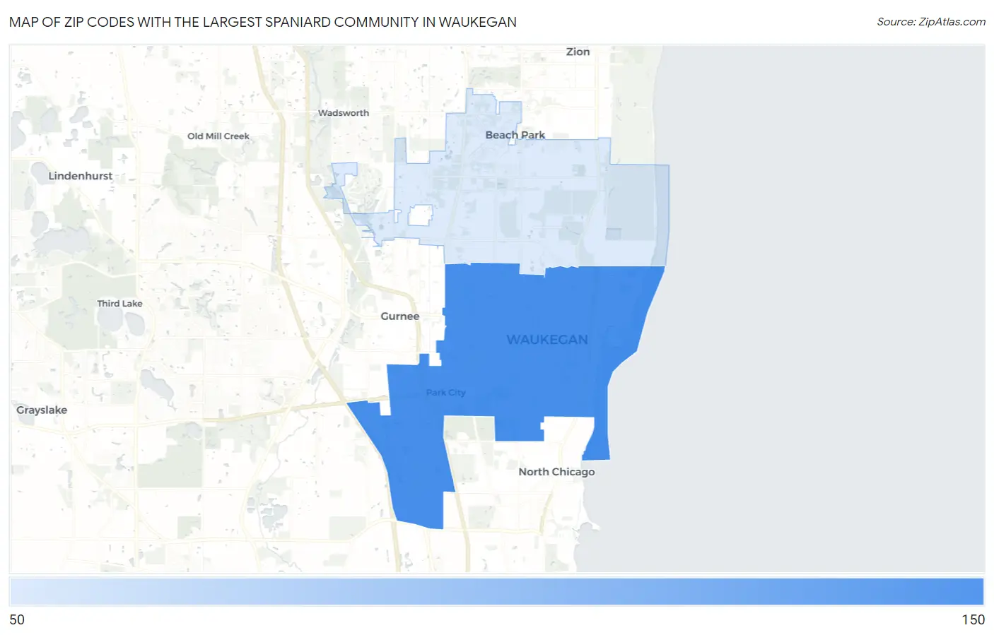 Zip Codes with the Largest Spaniard Community in Waukegan Map