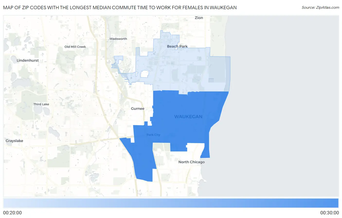 Zip Codes with the Longest Median Commute Time to Work for Females in Waukegan Map