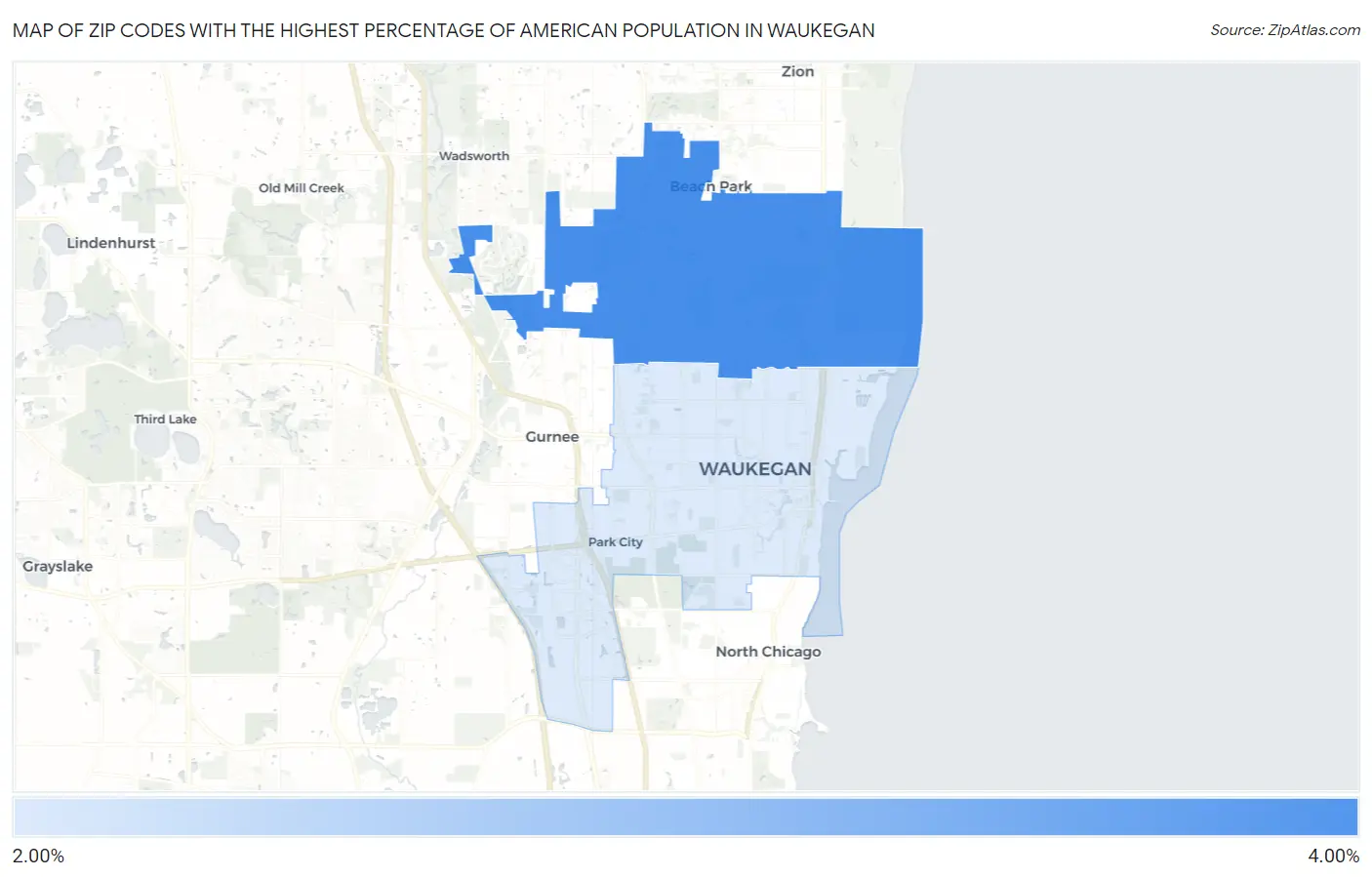 Zip Codes with the Highest Percentage of American Population in Waukegan Map