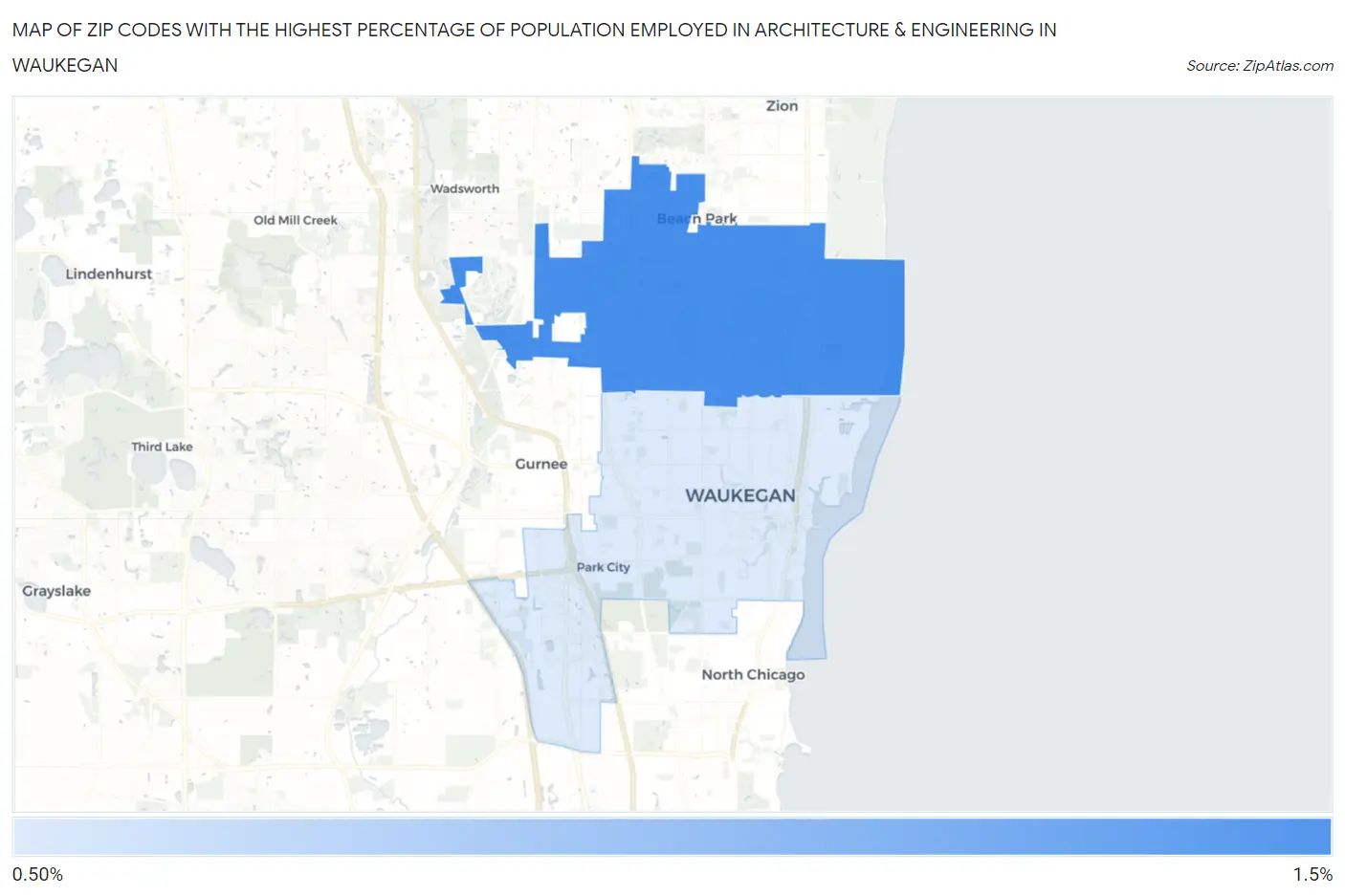 Zip Codes with the Highest Percentage of Population Employed in Architecture & Engineering in Waukegan Map