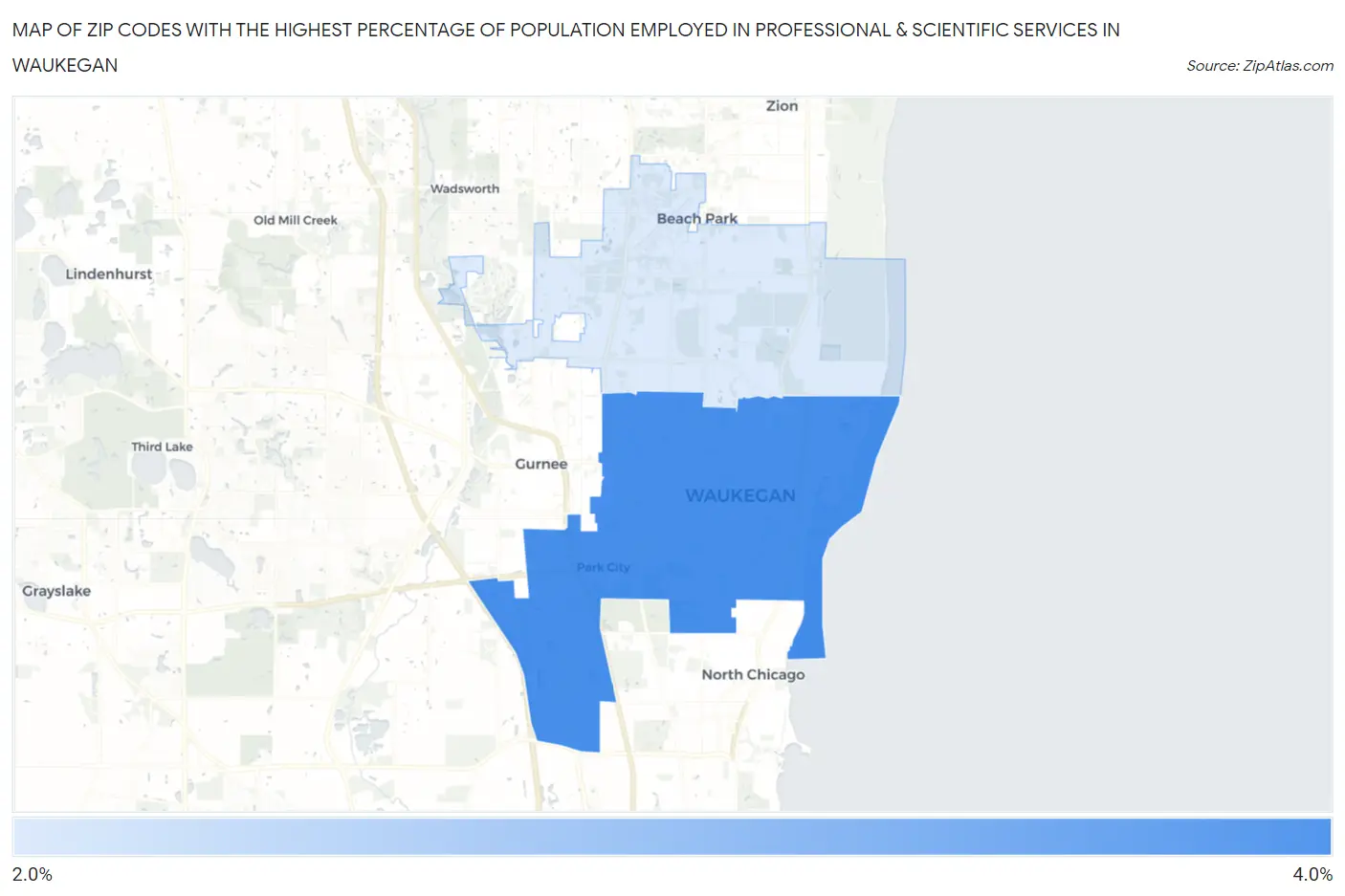 Zip Codes with the Highest Percentage of Population Employed in Professional & Scientific Services in Waukegan Map