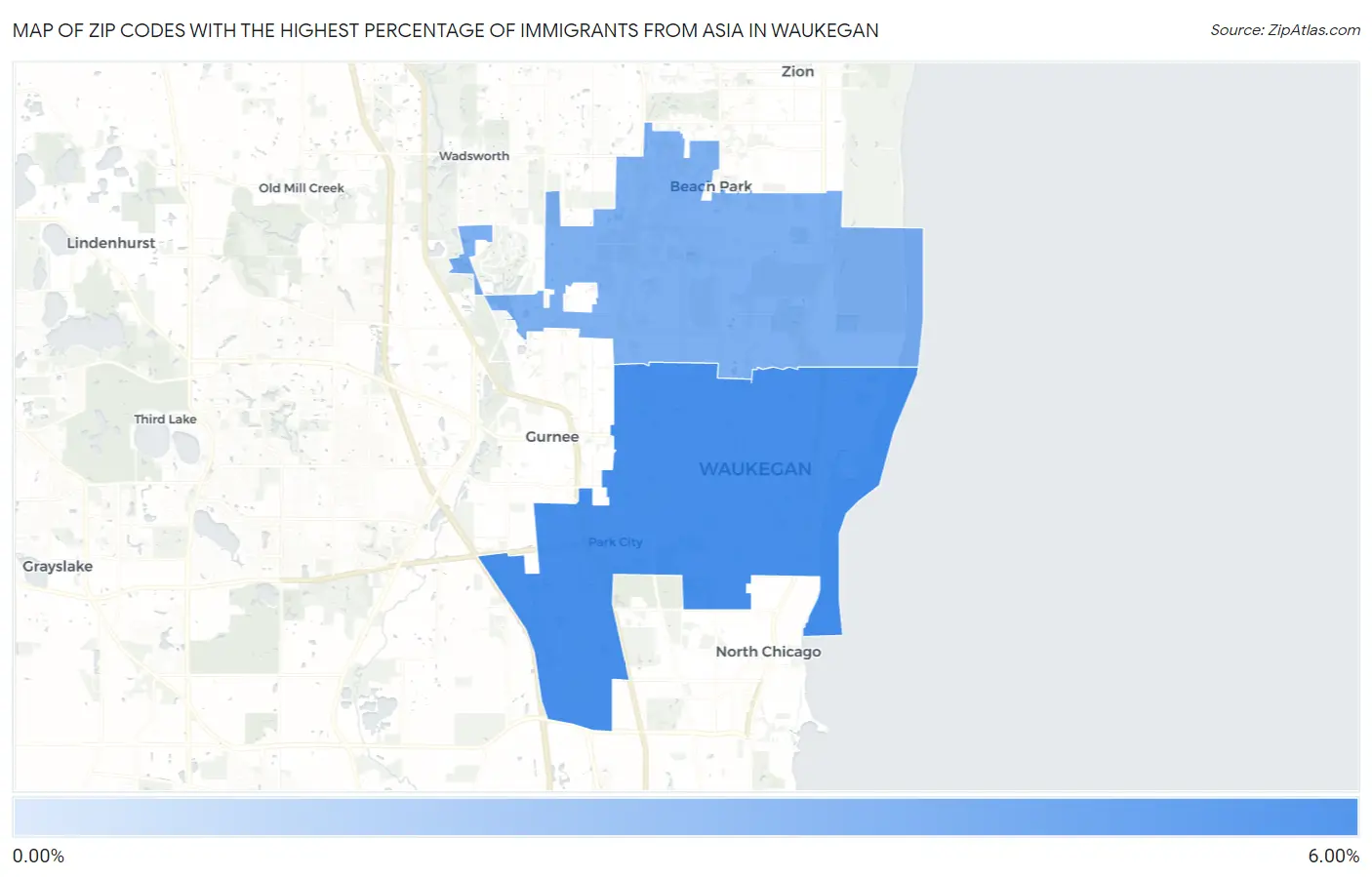 Zip Codes with the Highest Percentage of Immigrants from Asia in Waukegan Map