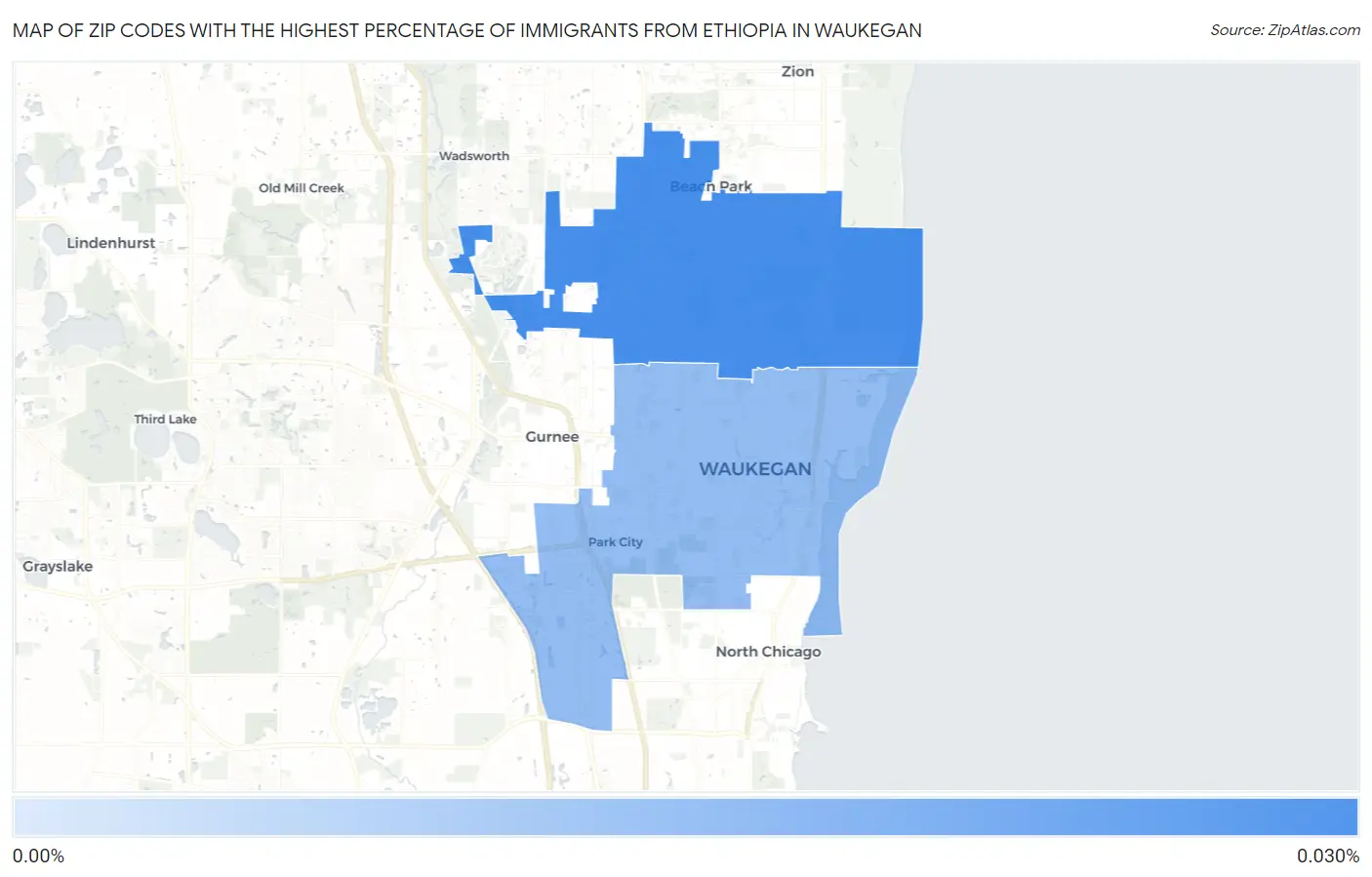 Zip Codes with the Highest Percentage of Immigrants from Ethiopia in Waukegan Map