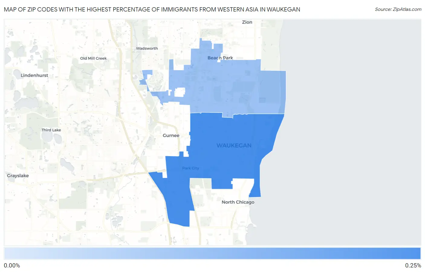 Zip Codes with the Highest Percentage of Immigrants from Western Asia in Waukegan Map