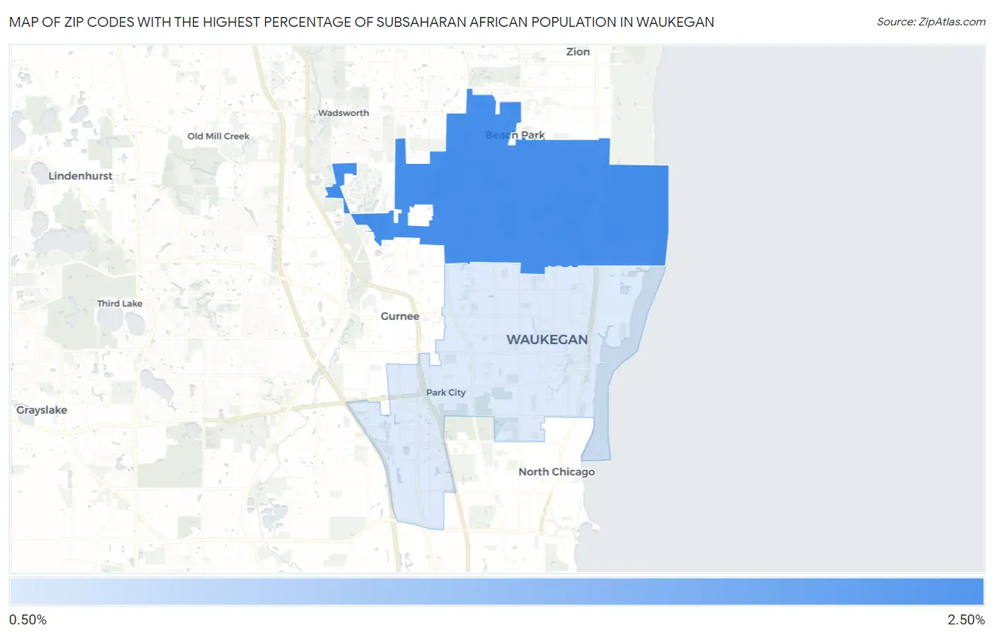 Zip Codes with the Highest Percentage of Subsaharan African Population in Waukegan Map