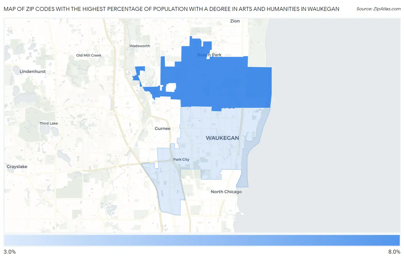 Zip Codes with the Highest Percentage of Population with a Degree in Arts and Humanities in Waukegan Map