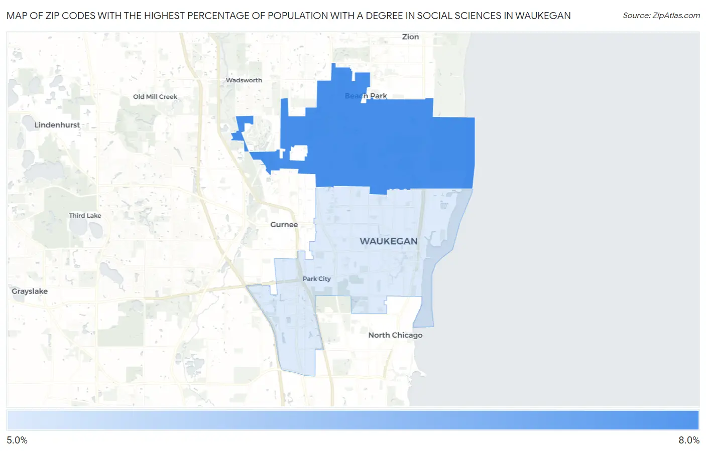 Zip Codes with the Highest Percentage of Population with a Degree in Social Sciences in Waukegan Map