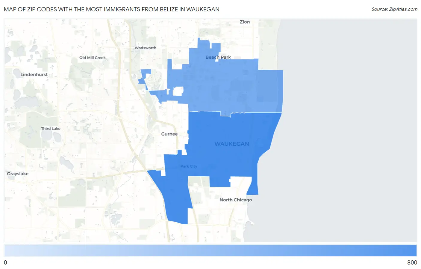 Zip Codes with the Most Immigrants from Belize in Waukegan Map