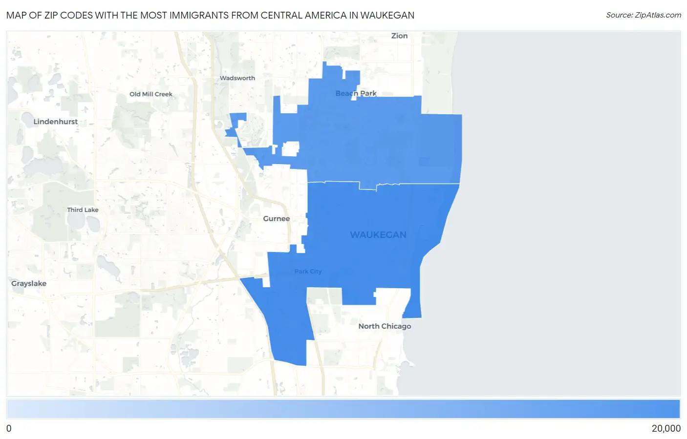 Zip Codes with the Most Immigrants from Central America in Waukegan Map