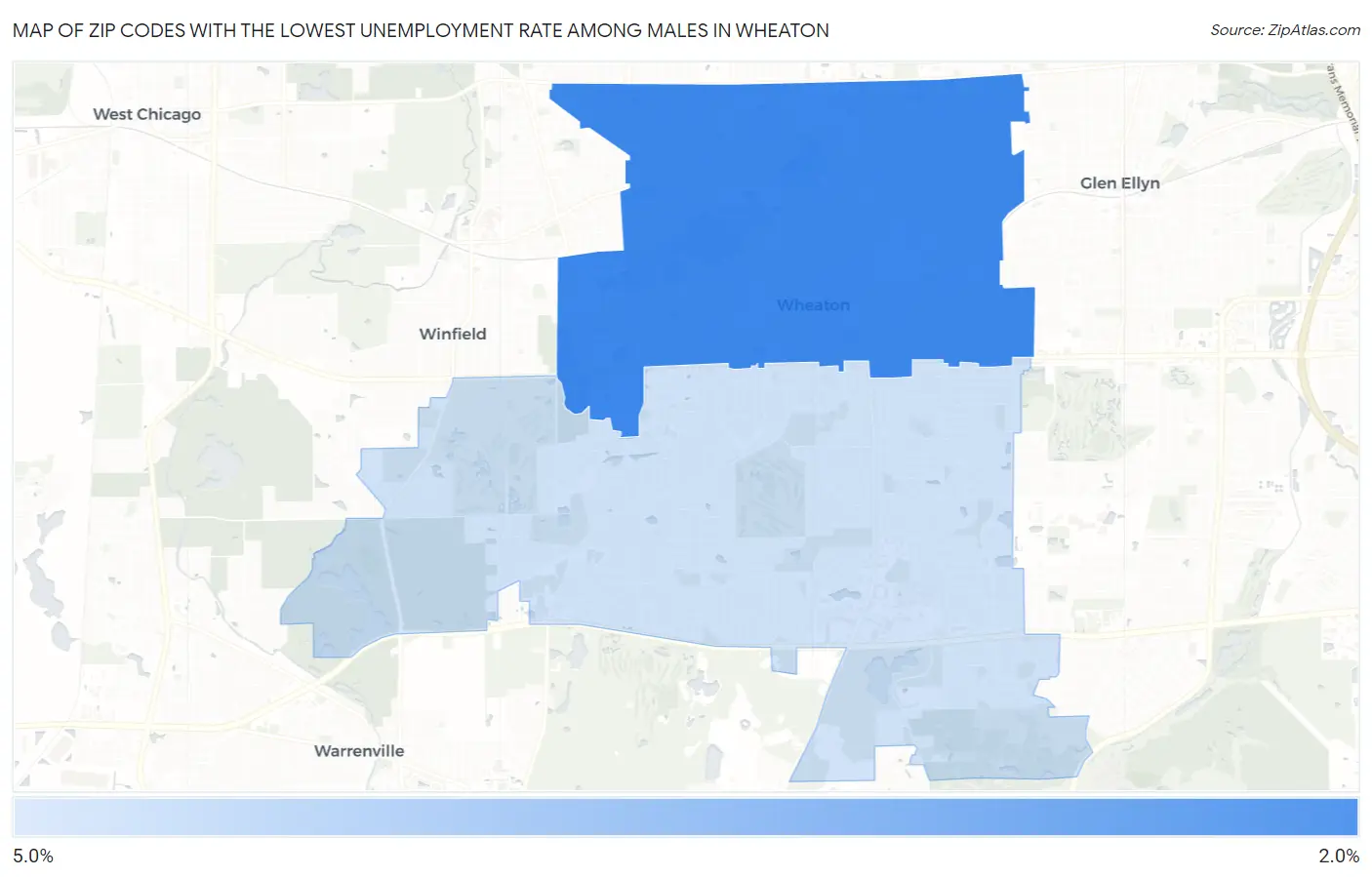 Zip Codes with the Lowest Unemployment Rate Among Males in Wheaton Map