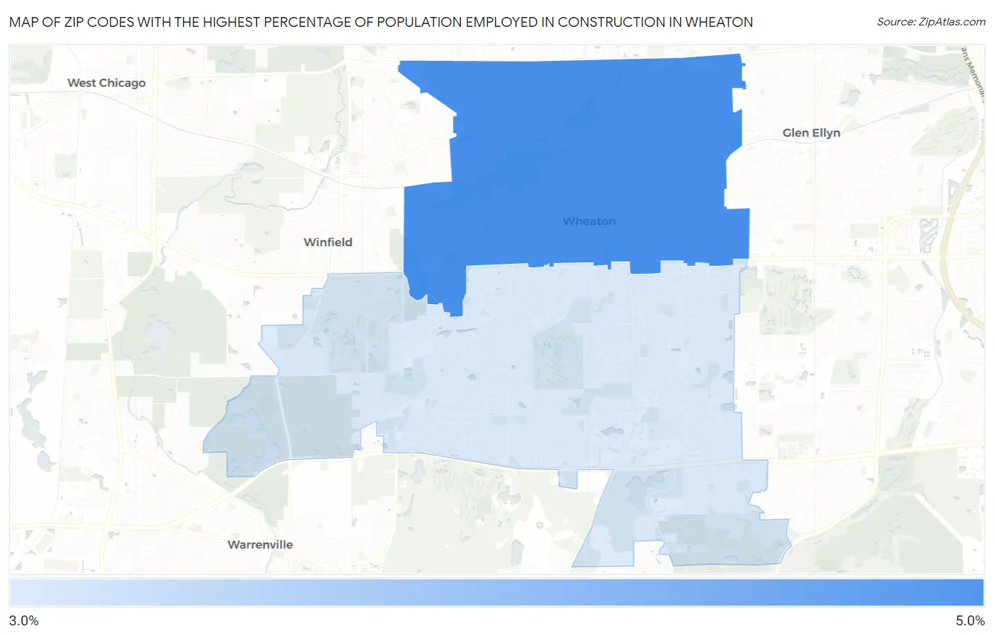 Zip Codes with the Highest Percentage of Population Employed in Construction in Wheaton Map