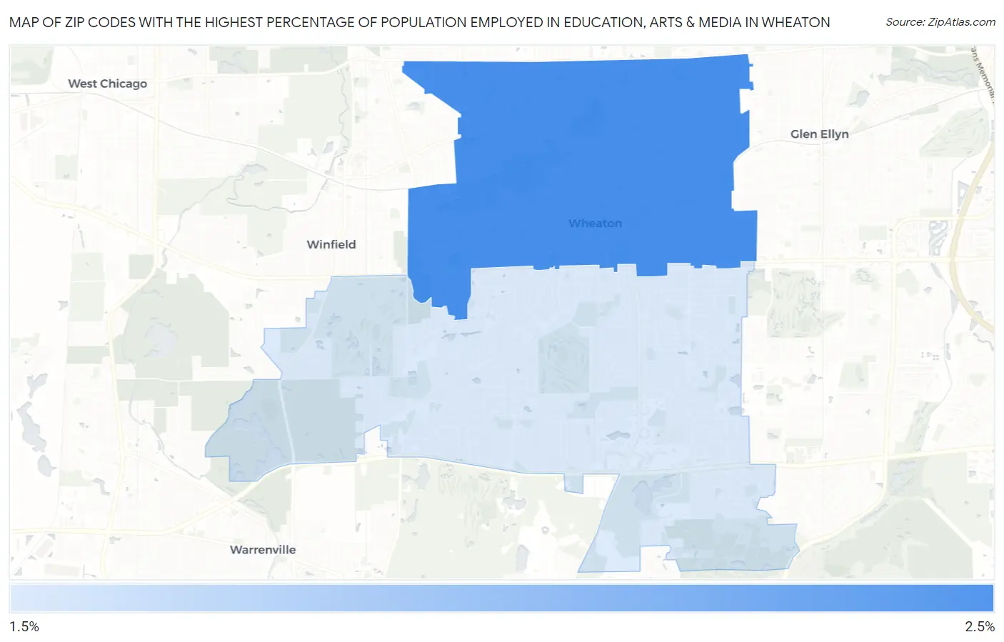 Zip Codes with the Highest Percentage of Population Employed in Education, Arts & Media in Wheaton Map