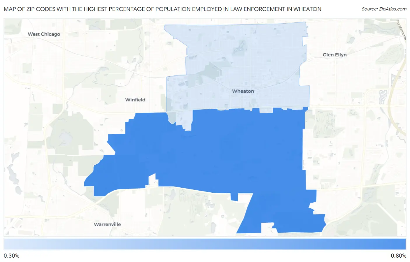 Zip Codes with the Highest Percentage of Population Employed in Law Enforcement in Wheaton Map
