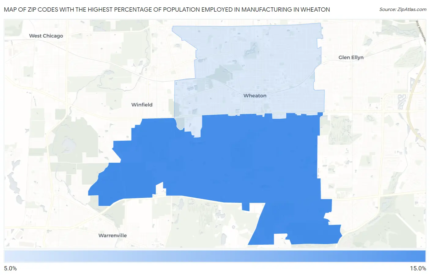 Zip Codes with the Highest Percentage of Population Employed in Manufacturing in Wheaton Map