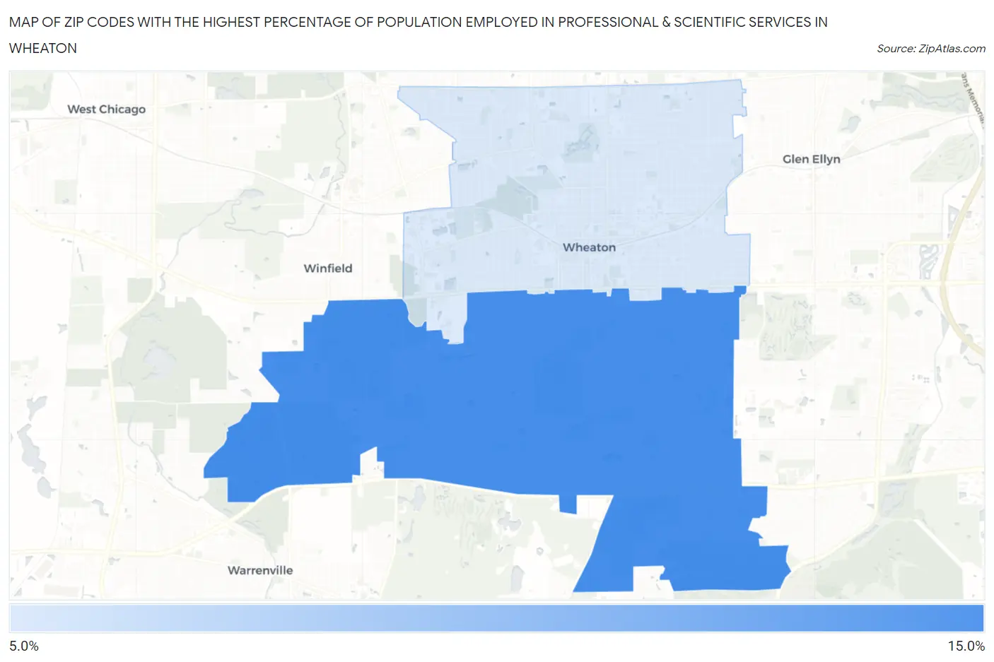 Zip Codes with the Highest Percentage of Population Employed in Professional & Scientific Services in Wheaton Map