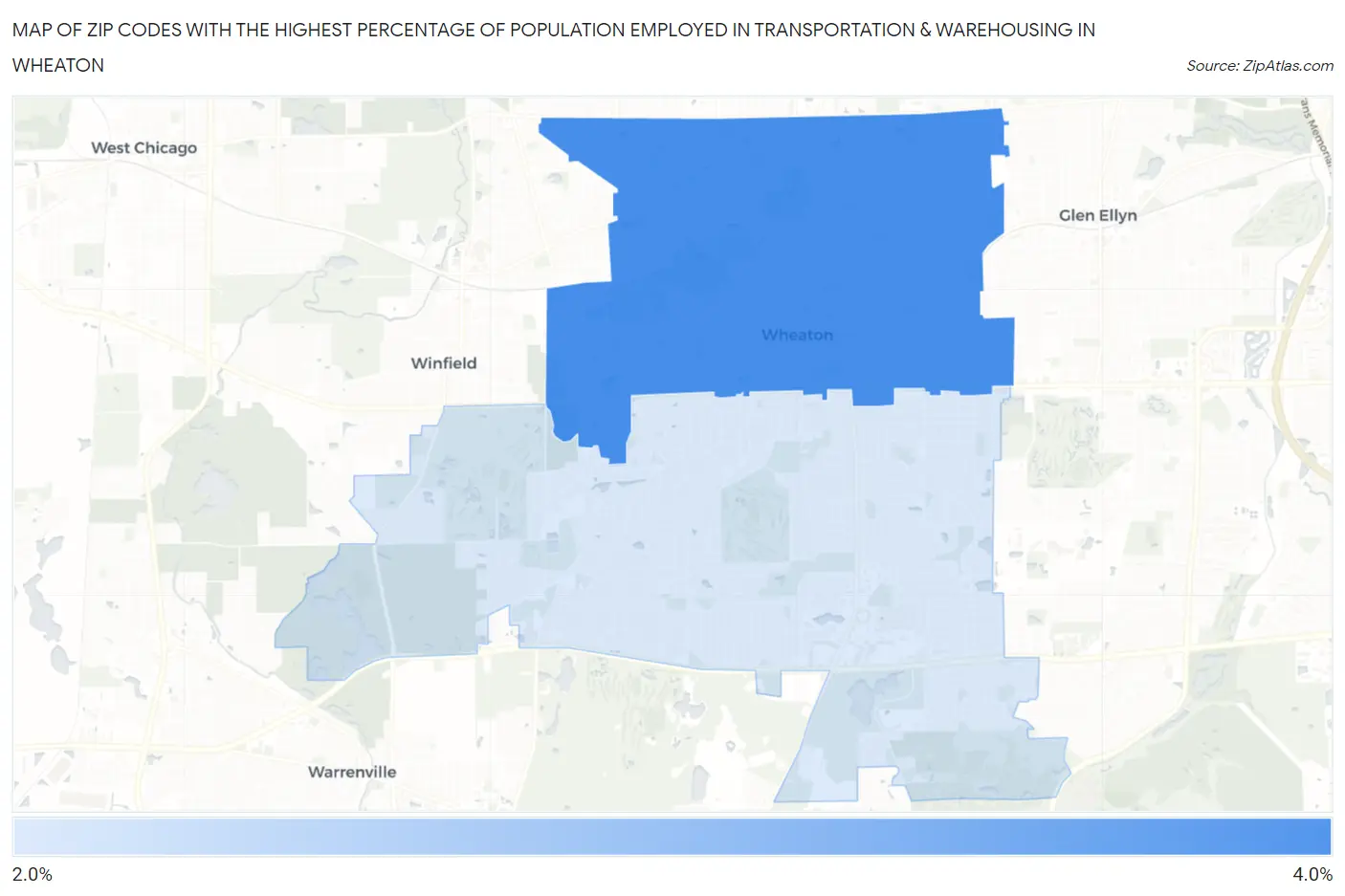 Zip Codes with the Highest Percentage of Population Employed in Transportation & Warehousing in Wheaton Map