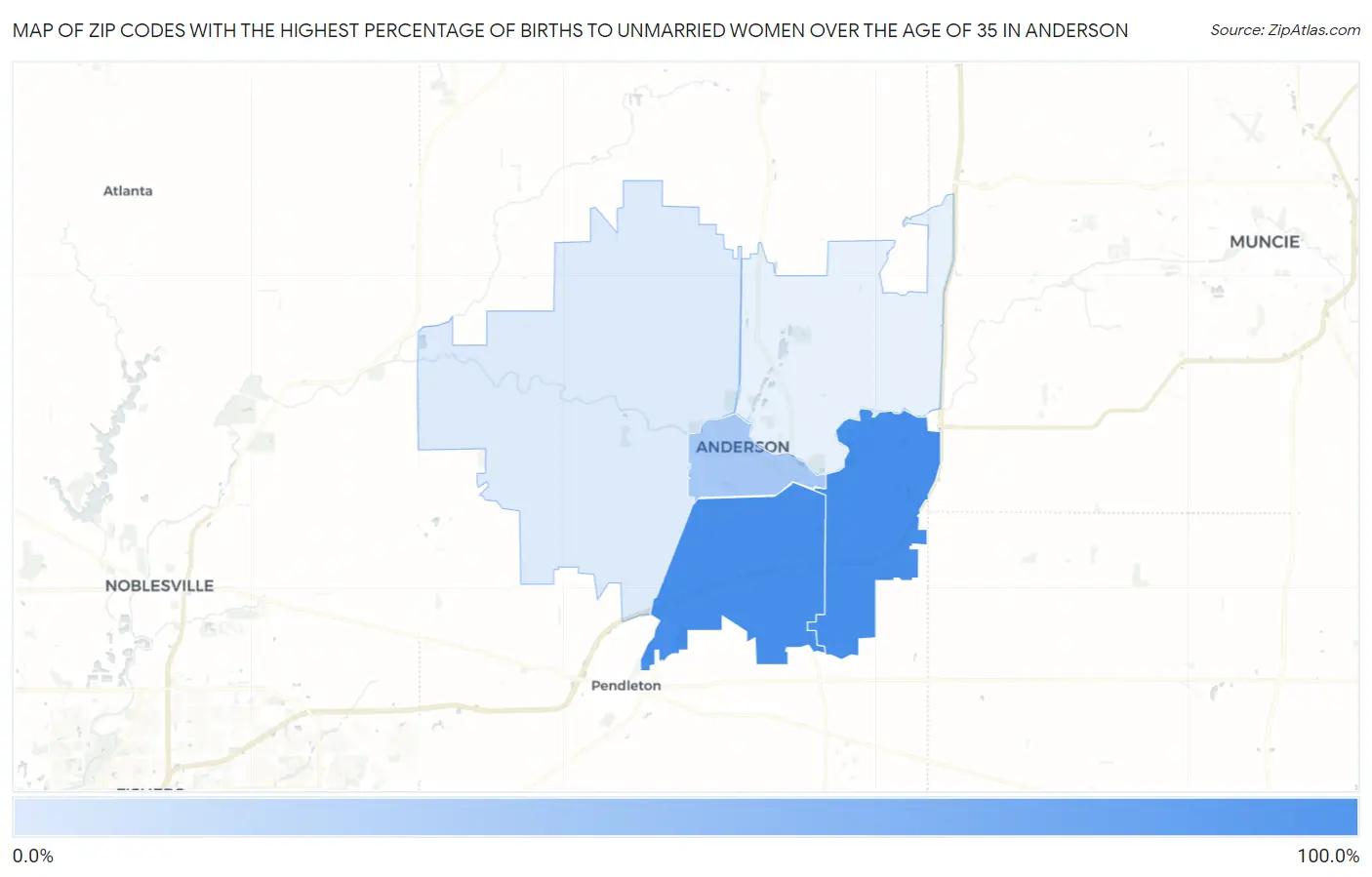 Zip Codes with the Highest Percentage of Births to Unmarried Women over the Age of 35 in Anderson Map