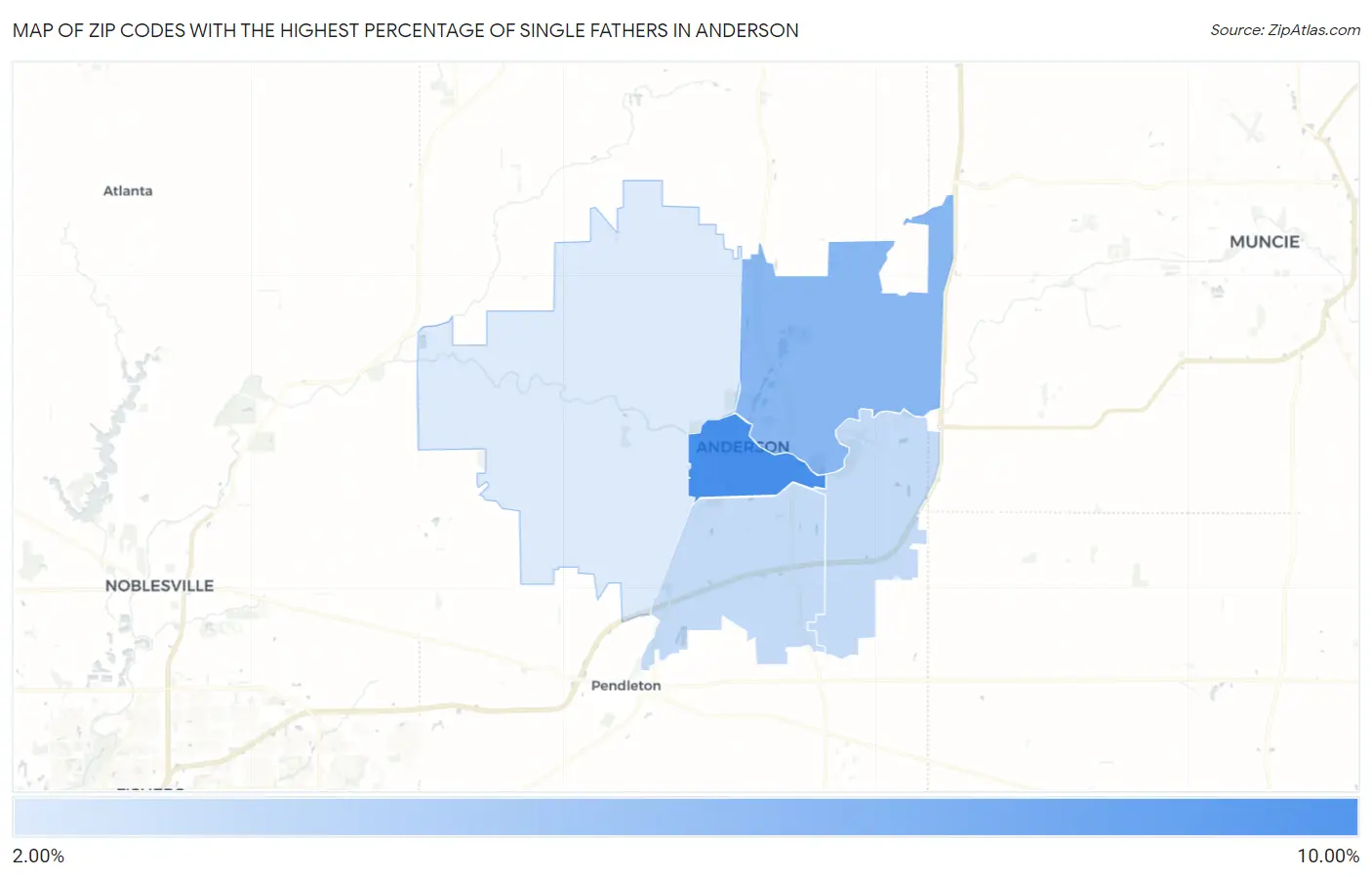 Zip Codes with the Highest Percentage of Single Fathers in Anderson Map