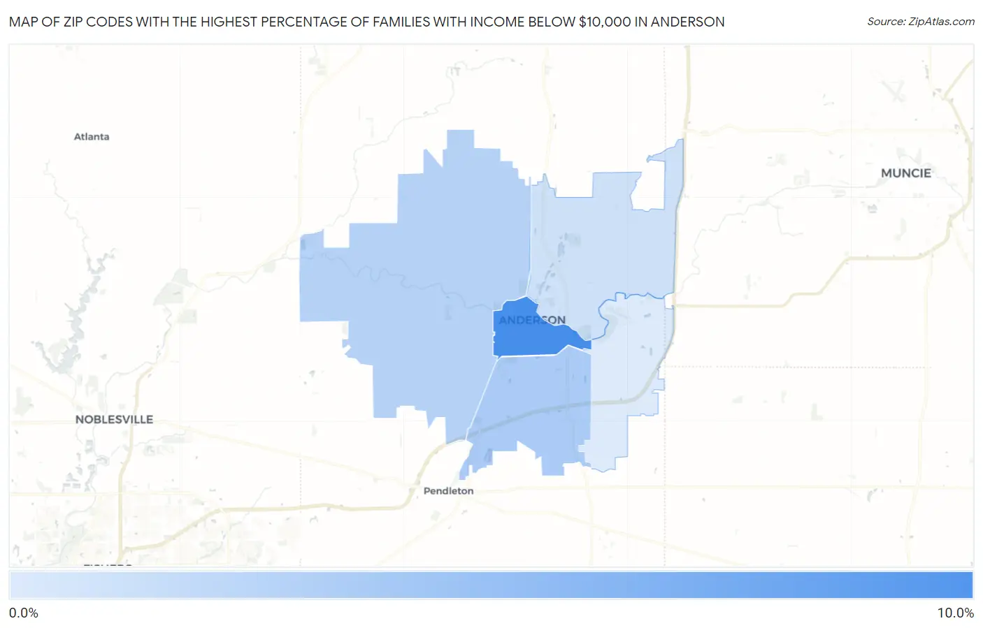 Zip Codes with the Highest Percentage of Families with Income Below $10,000 in Anderson Map