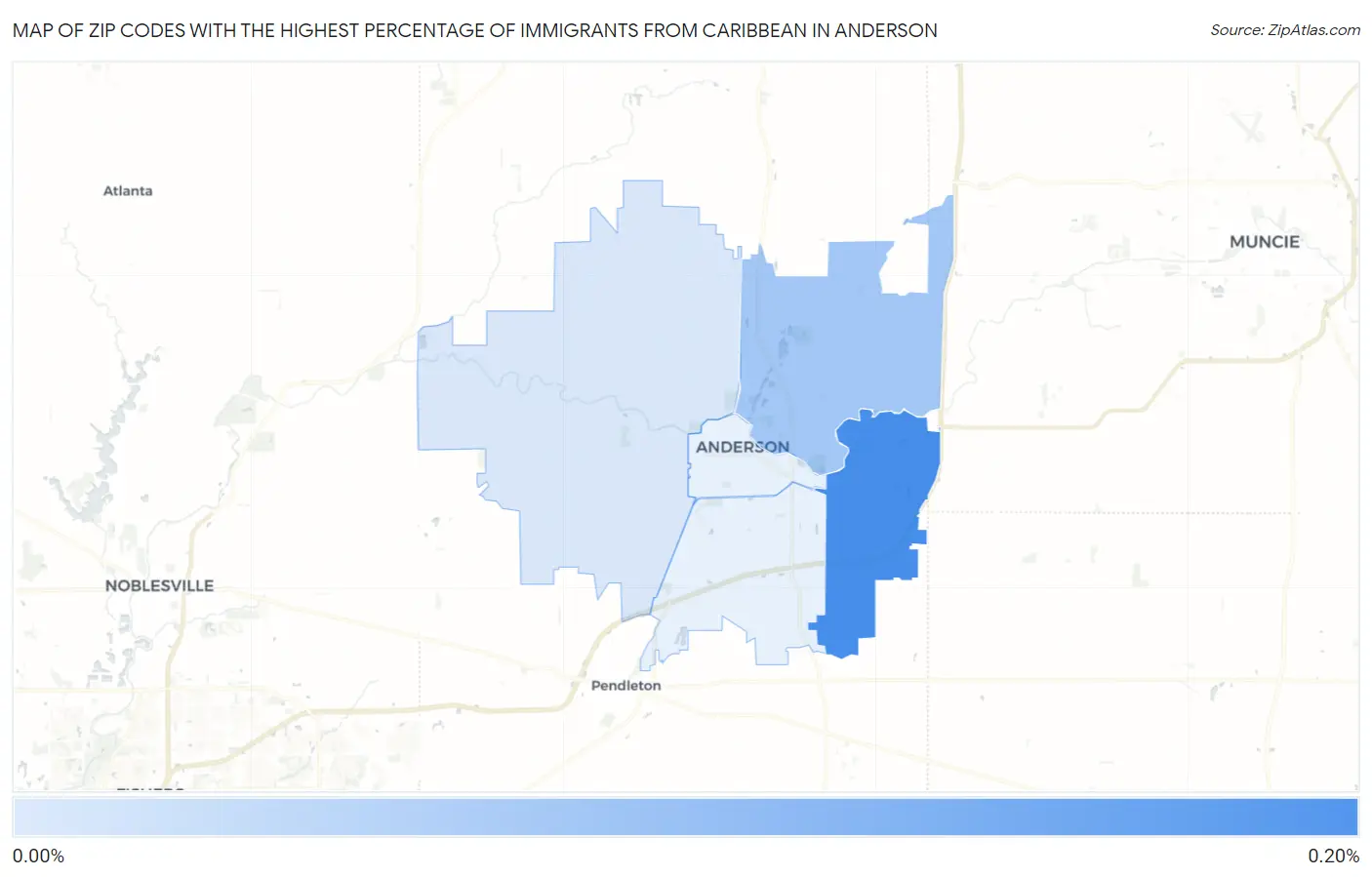 Zip Codes with the Highest Percentage of Immigrants from Caribbean in Anderson Map