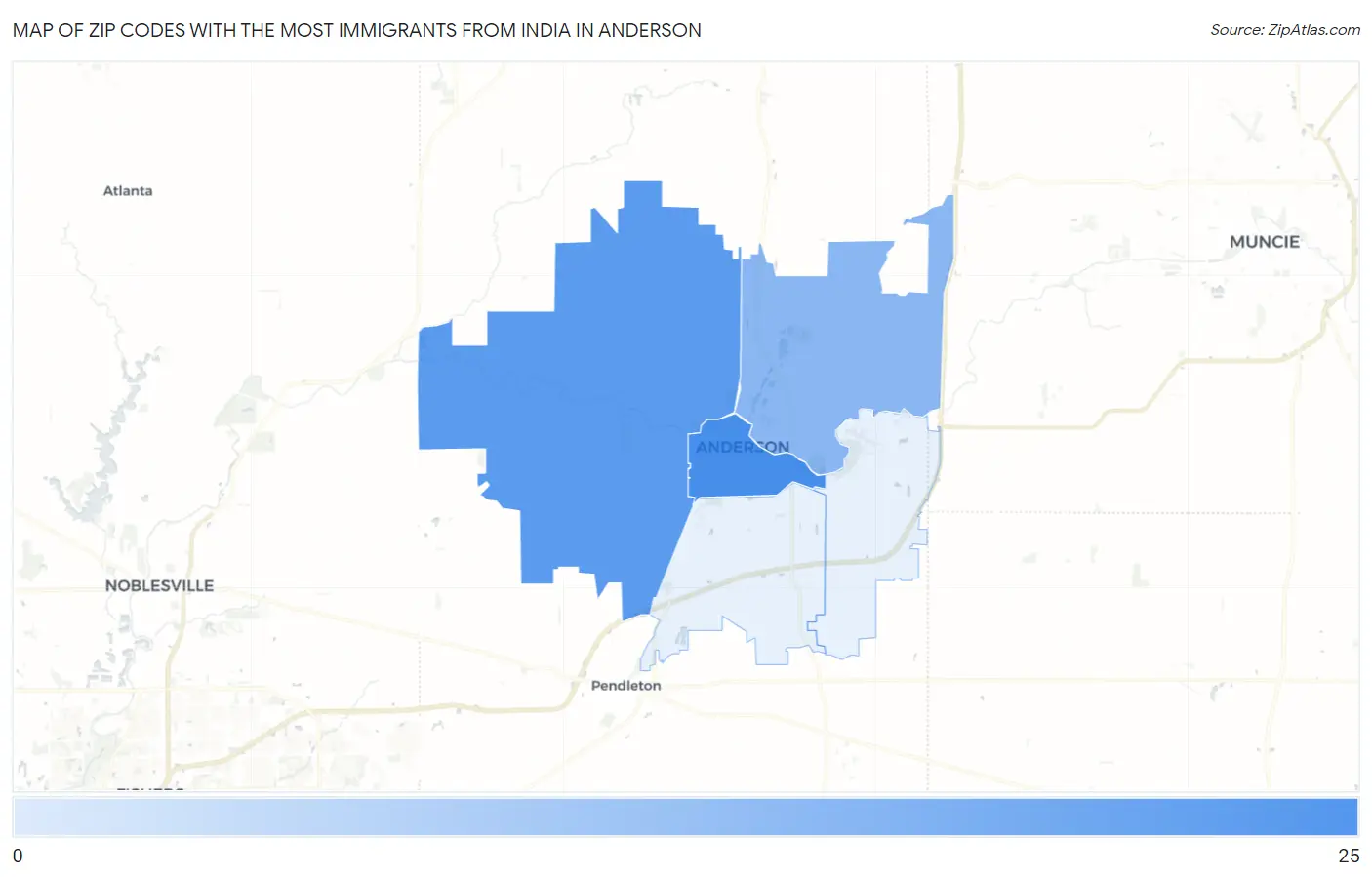 Zip Codes with the Most Immigrants from India in Anderson Map
