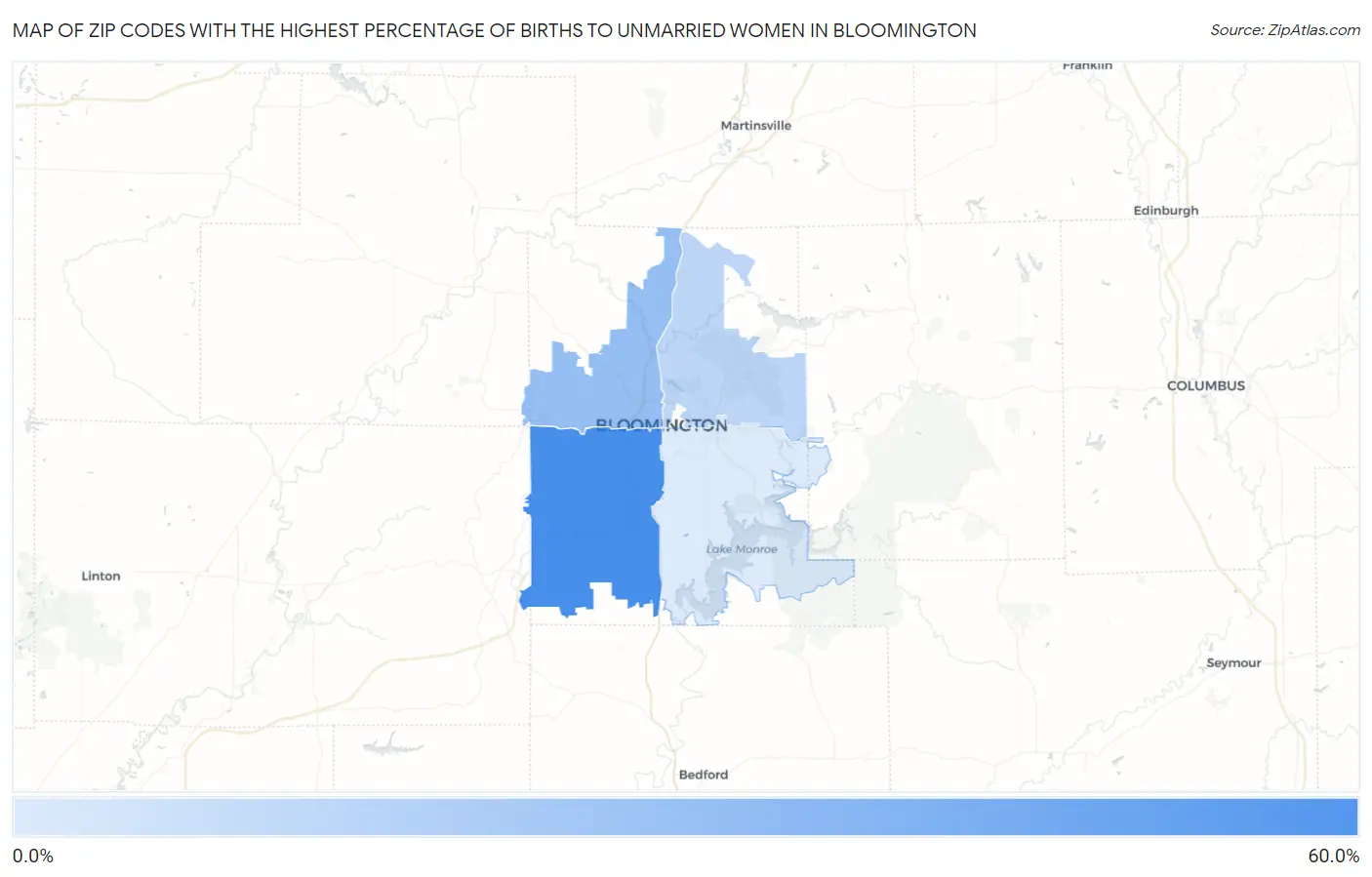 Zip Codes with the Highest Percentage of Births to Unmarried Women in Bloomington Map
