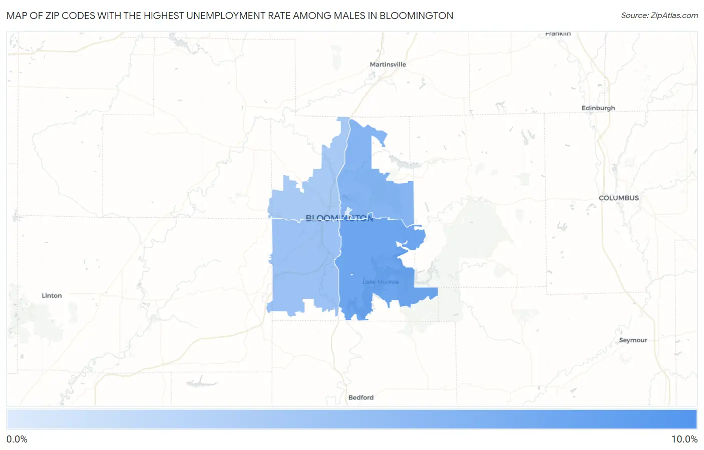 Zip Codes with the Highest Unemployment Rate Among Males in Bloomington Map
