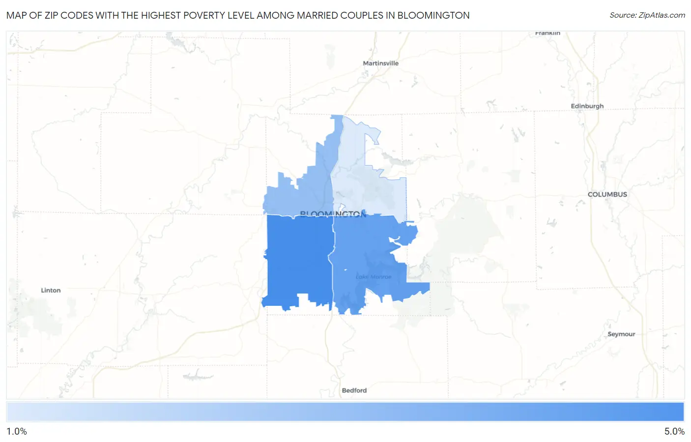 Zip Codes with the Highest Poverty Level Among Married Couples in Bloomington Map