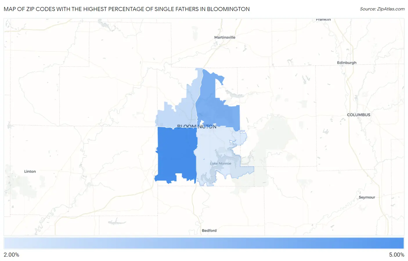 Zip Codes with the Highest Percentage of Single Fathers in Bloomington Map