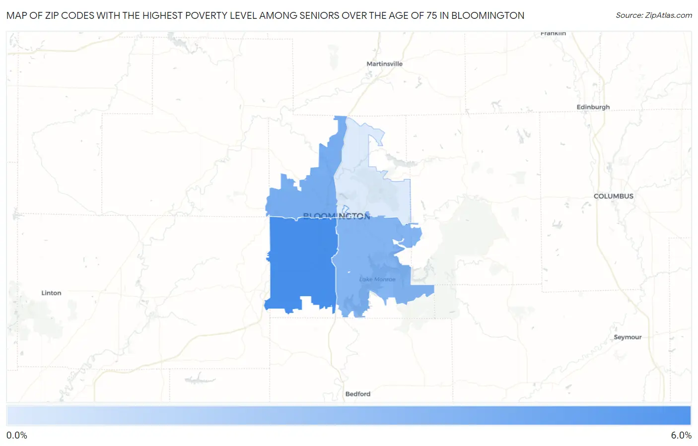 Zip Codes with the Highest Poverty Level Among Seniors Over the Age of 75 in Bloomington Map