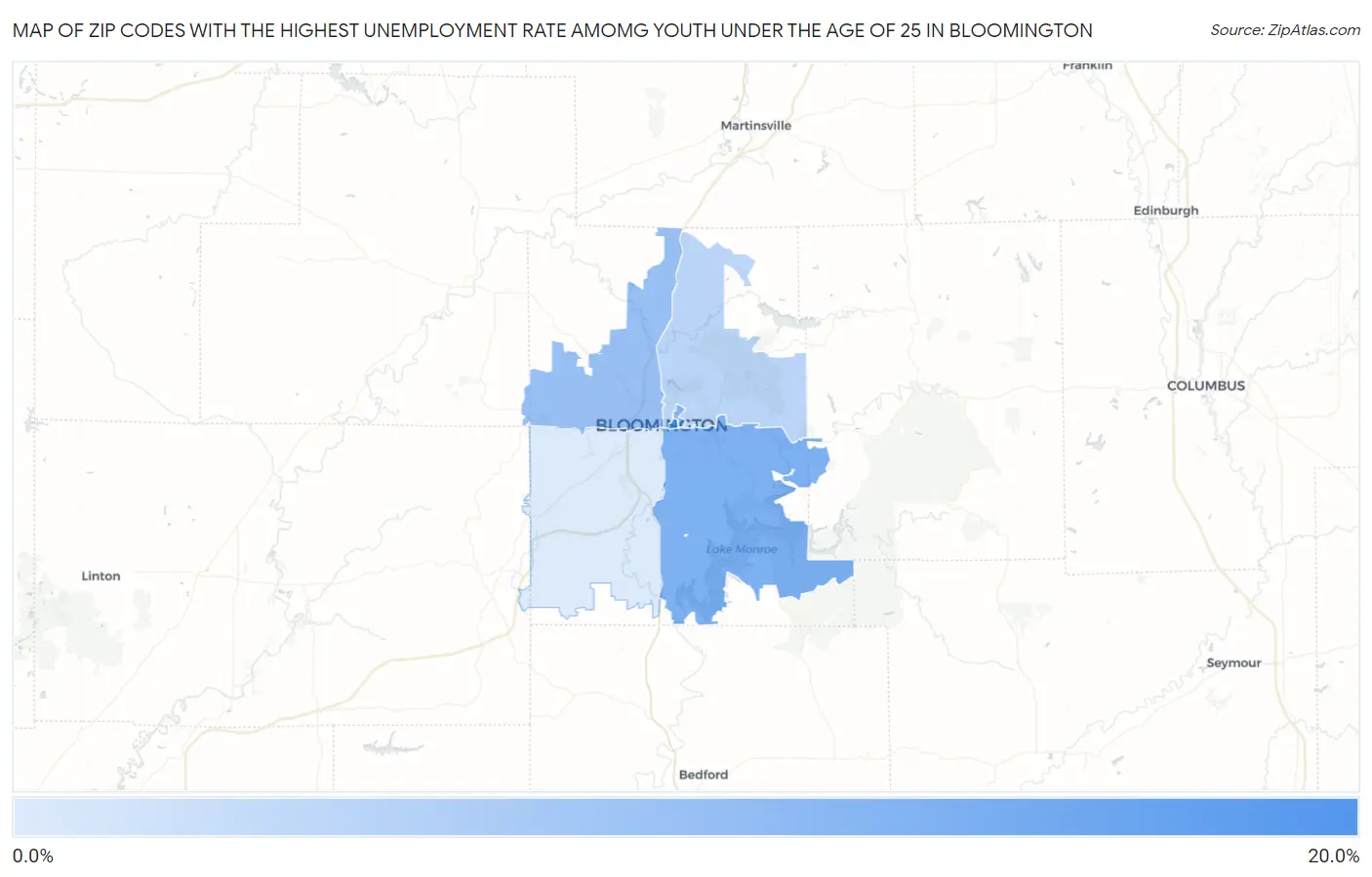 Zip Codes with the Highest Unemployment Rate Amomg Youth Under the Age of 25 in Bloomington Map