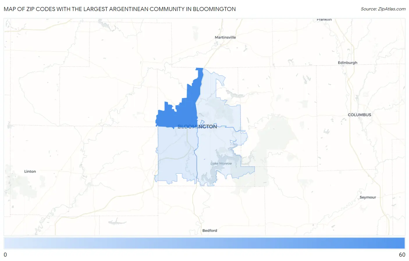 Zip Codes with the Largest Argentinean Community in Bloomington Map