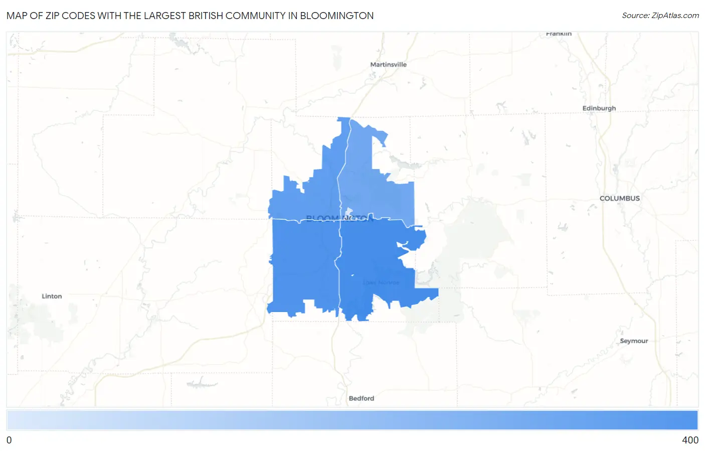 Zip Codes with the Largest British Community in Bloomington Map