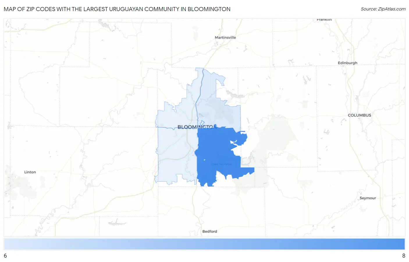 Zip Codes with the Largest Uruguayan Community in Bloomington Map
