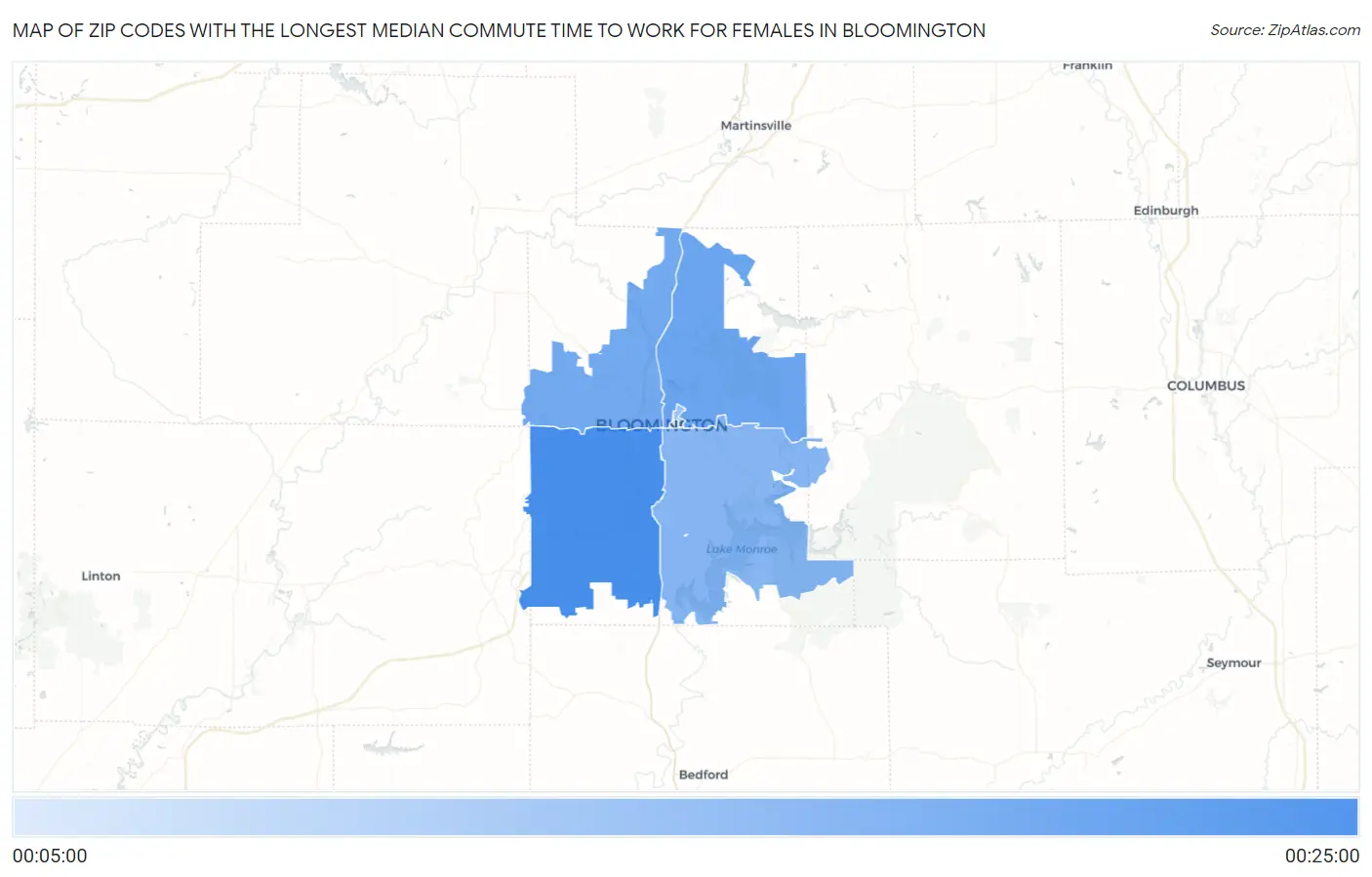 Zip Codes with the Longest Median Commute Time to Work for Females in Bloomington Map