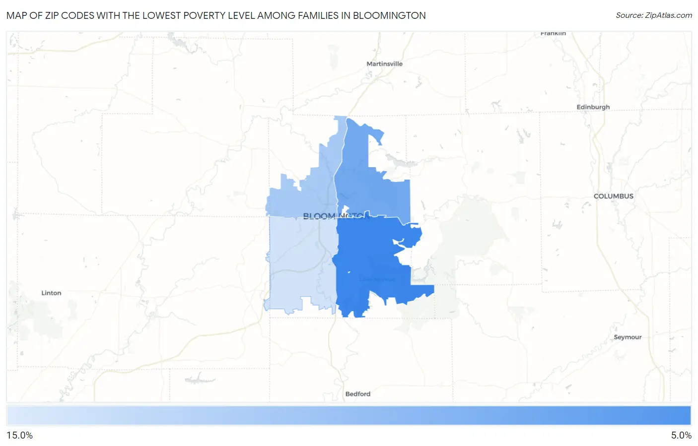 Zip Codes with the Lowest Poverty Level Among Families in Bloomington Map